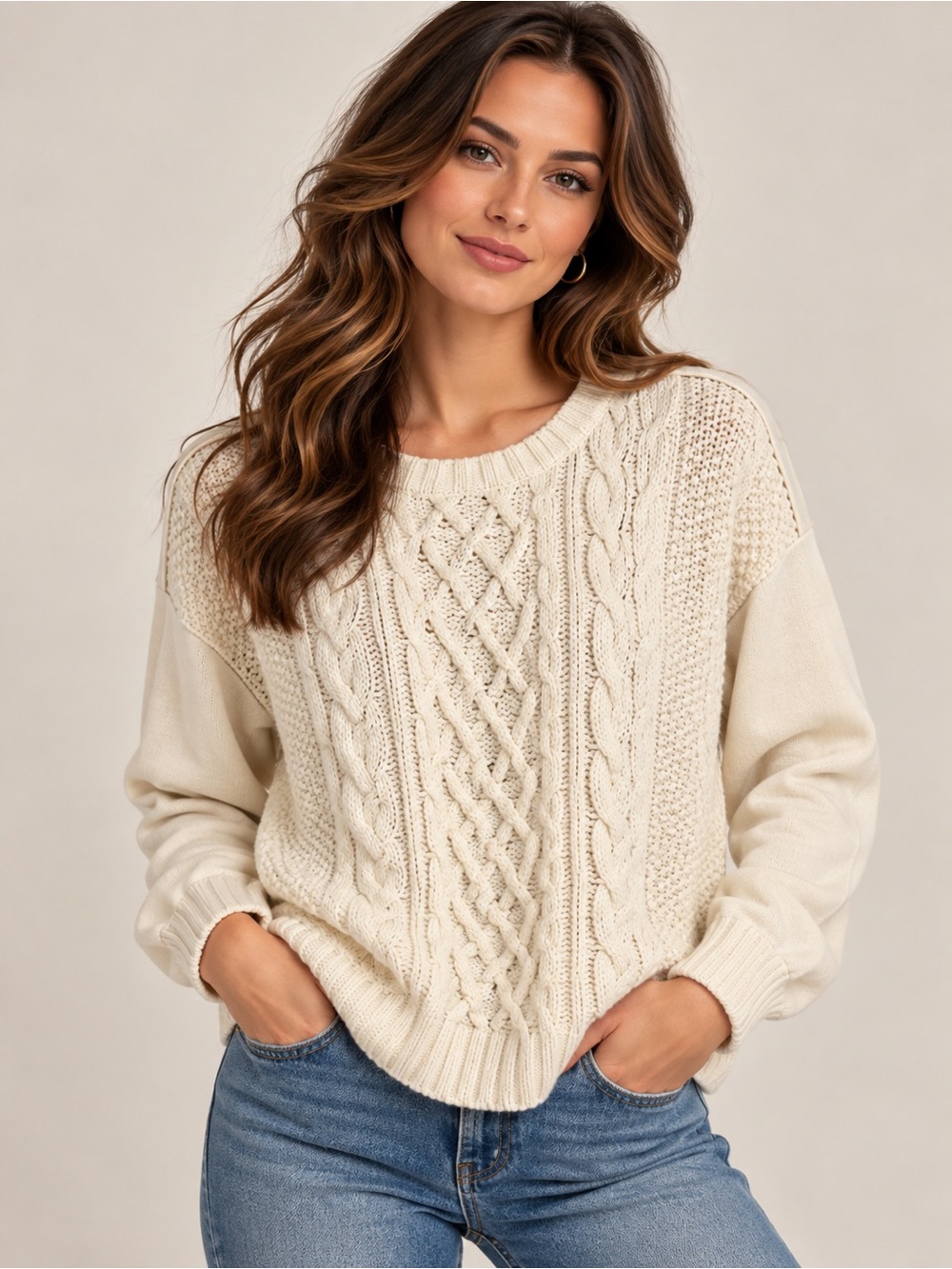LOFT Ann Taylor Cream Mixed Media Cable Knit Sweater Sweatshirt Size Medium